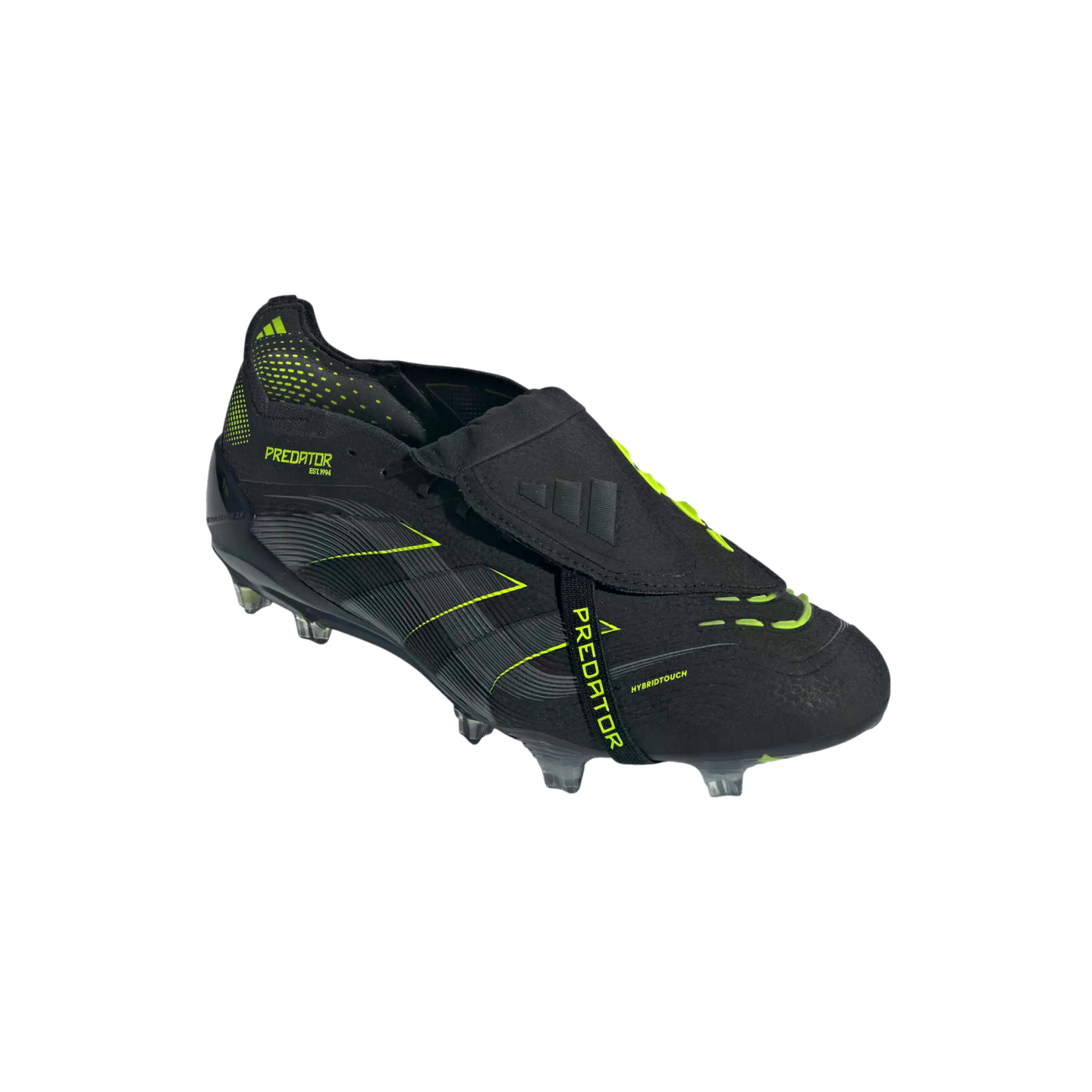Side profile of a black Adidas Predator soccer cleat with neon yellow accents, featuring a fold-over tongue and clear studs on a black background.