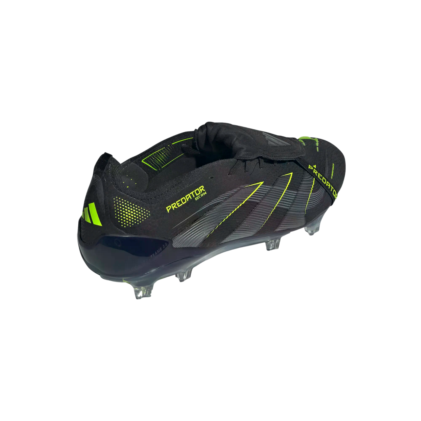 Rear side view of a black Adidas Predator soccer cleat with neon yellow accents, featuring a fold-over tongue and clear studs.