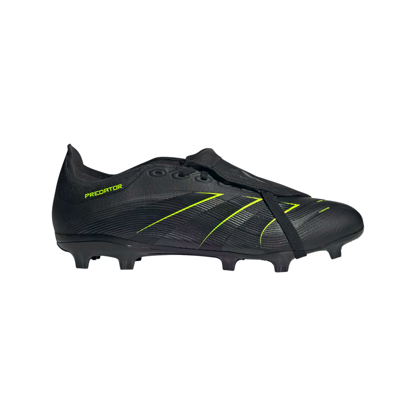 Black Adidas Predator soccer cleat featuring lime green accents and a fold-over tongue with an elastic strap.