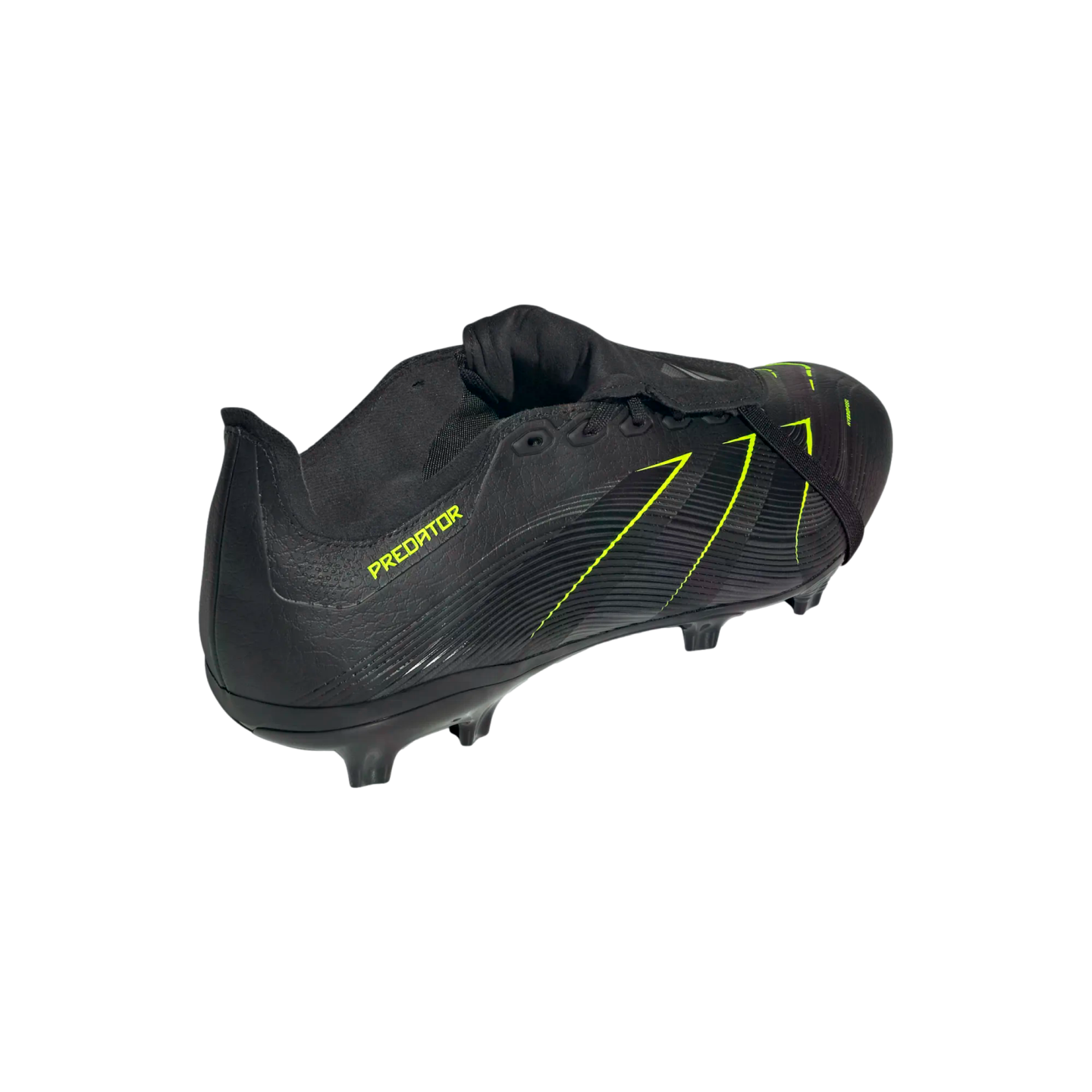 A black Adidas Predator soccer cleat with neon green stripes and branding, shown from a rear three-quarter angle.