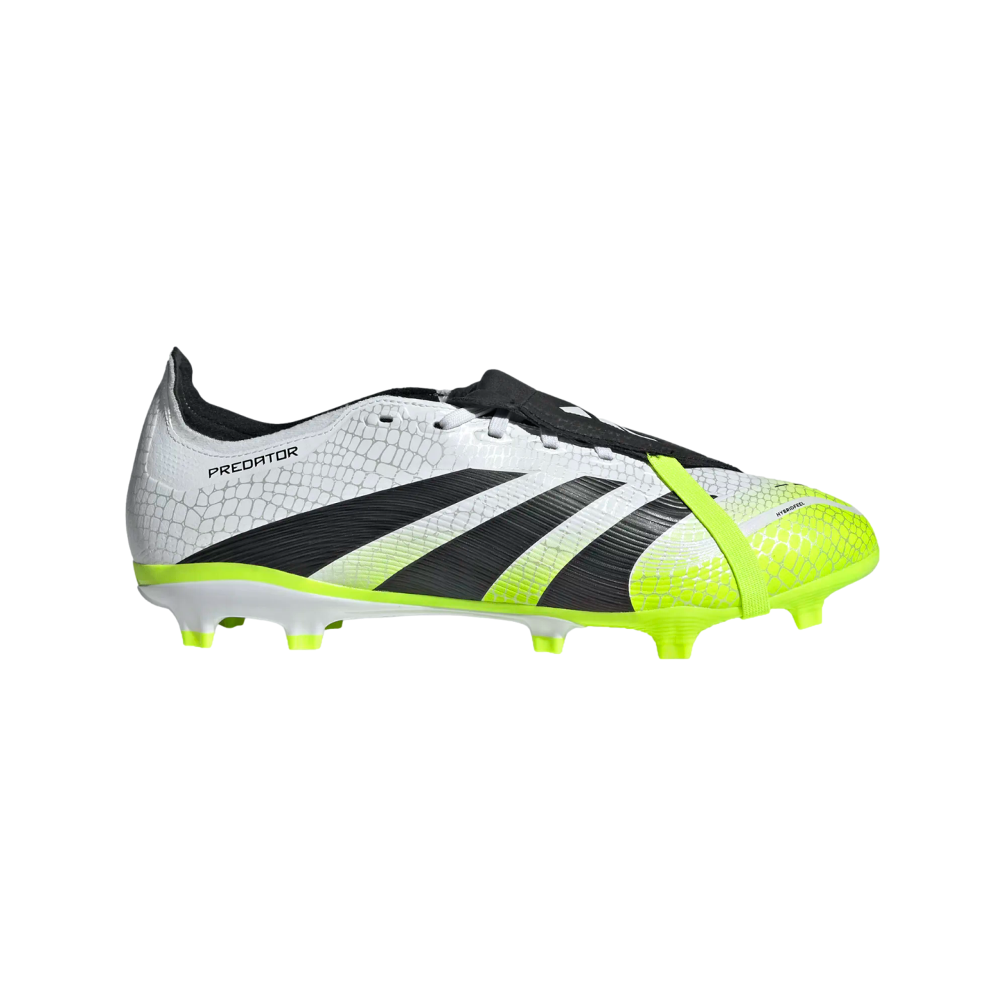 Side profile of an Adidas Predator soccer cleat featuring a white textured upper, three bold black stripes, and vibrant lime green accents on the soleplate.