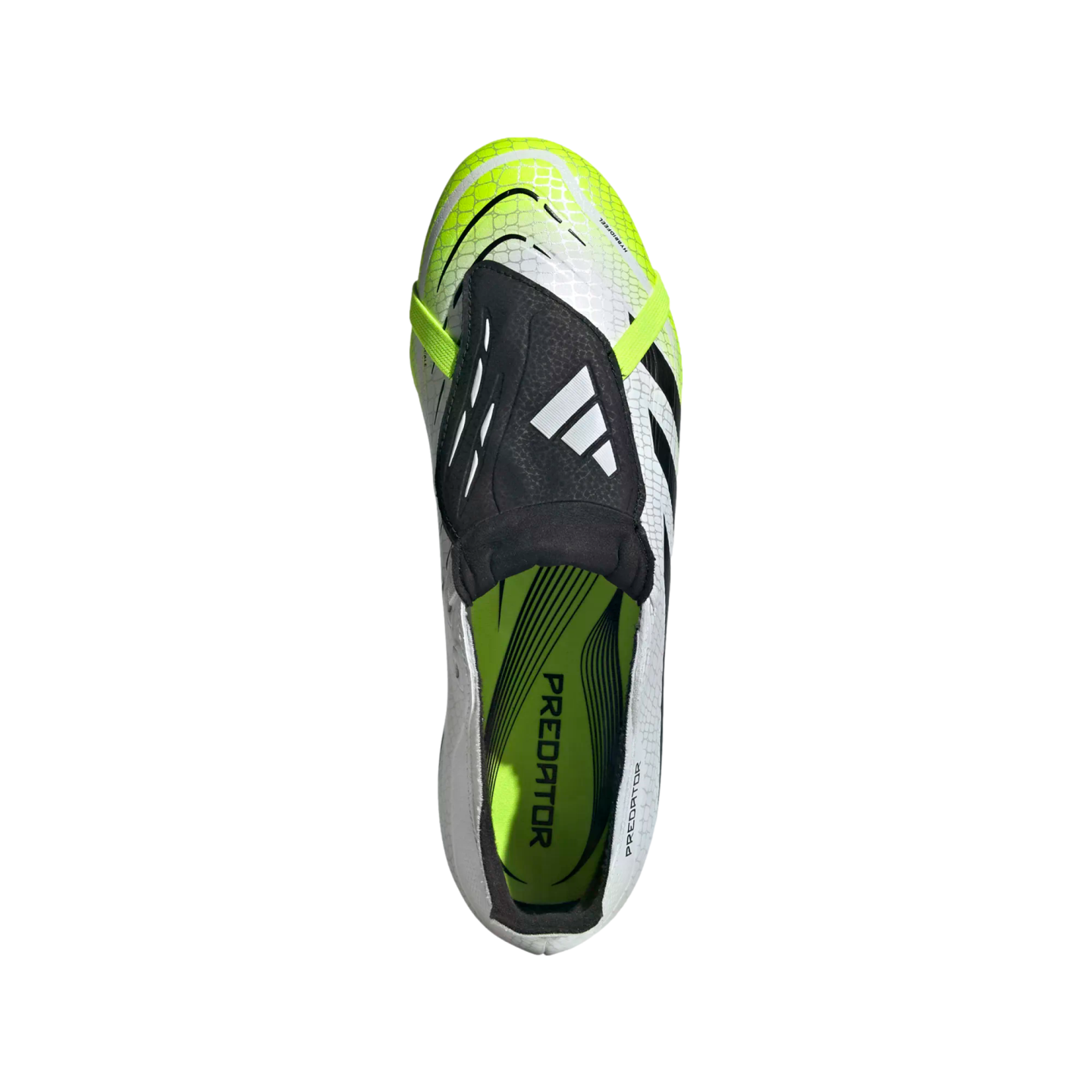 Top-down view of a white Adidas Predator soccer cleat with black and neon yellow accents against a solid black background.