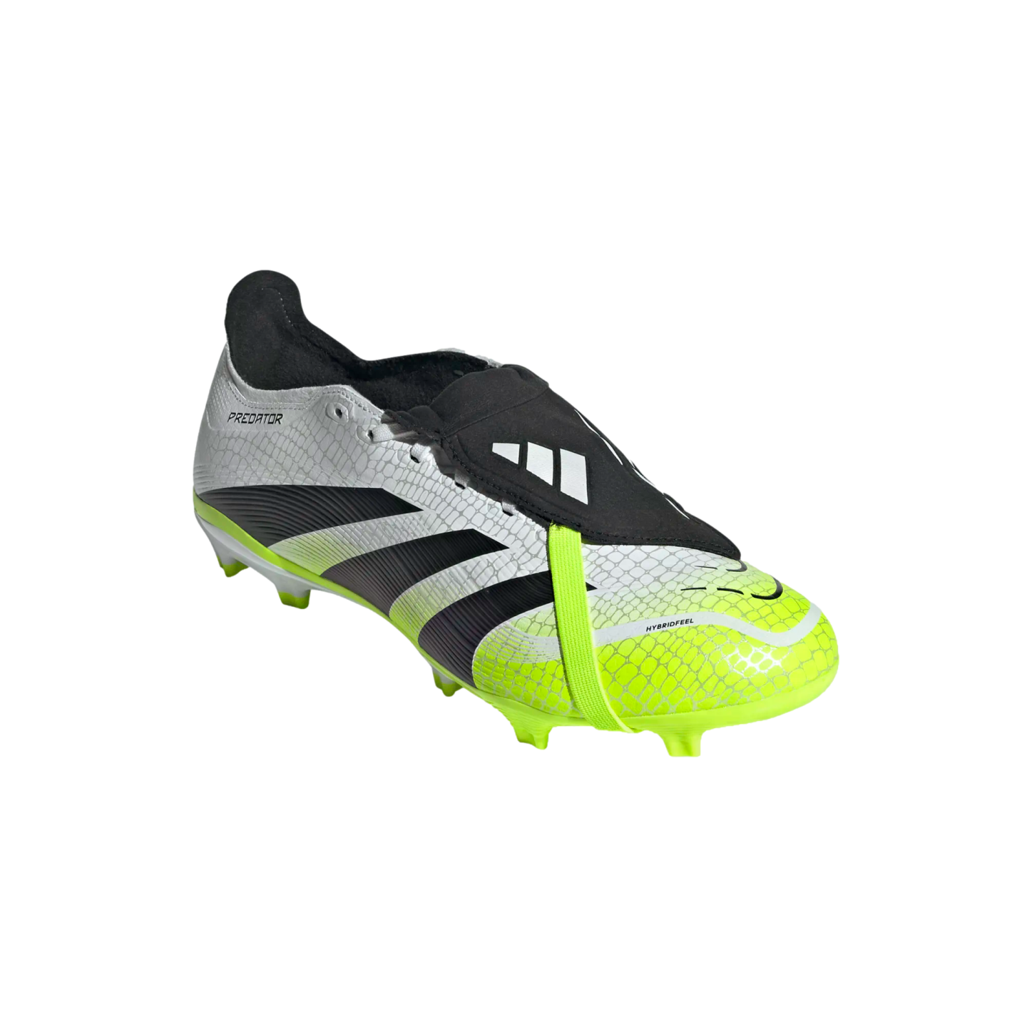An Adidas Predator soccer cleat with a white and neon yellow snakeskin-textured upper, black stripes, and a fold-over tongue secured by a neon yellow strap.