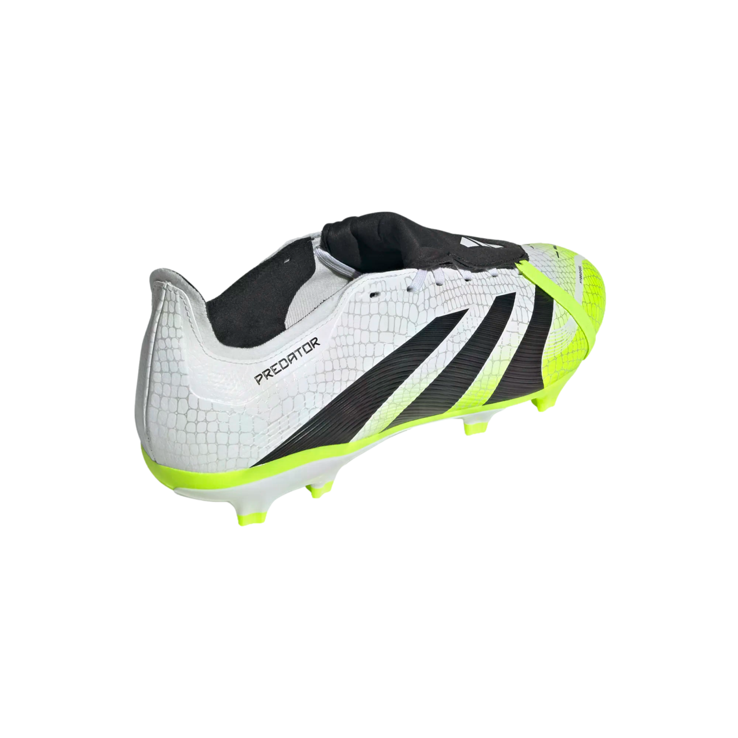 A white Adidas Predator soccer cleat with black stripes and neon green accents, featuring a snakeskin-textured upper.