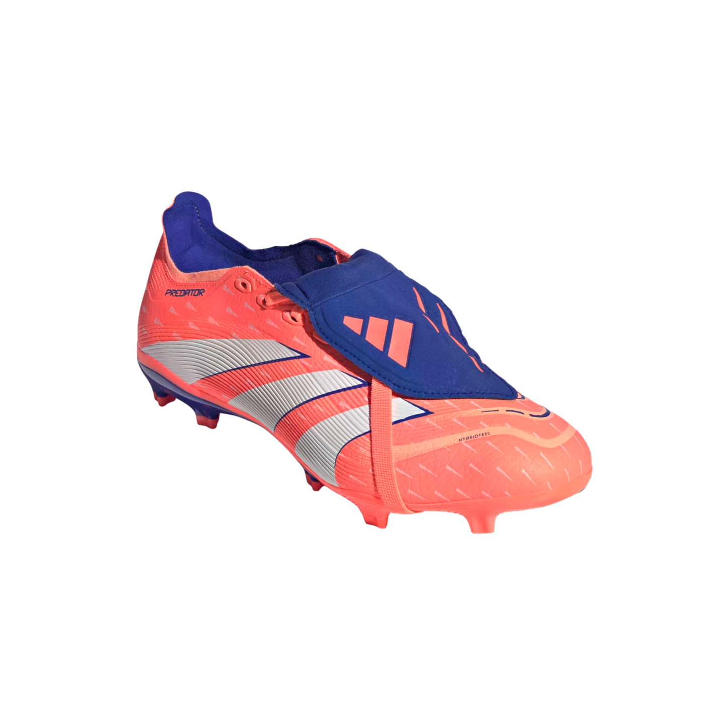 An Adidas Predator soccer cleat in bright pink and royal blue with a fold-over tongue, shown against a solid black background.