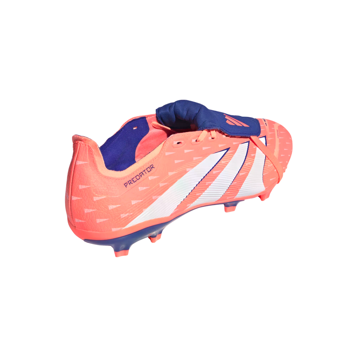 Salmon-colored Adidas Predator soccer cleat with white stripes and a blue fold-over tongue, shown from the side against a black background.