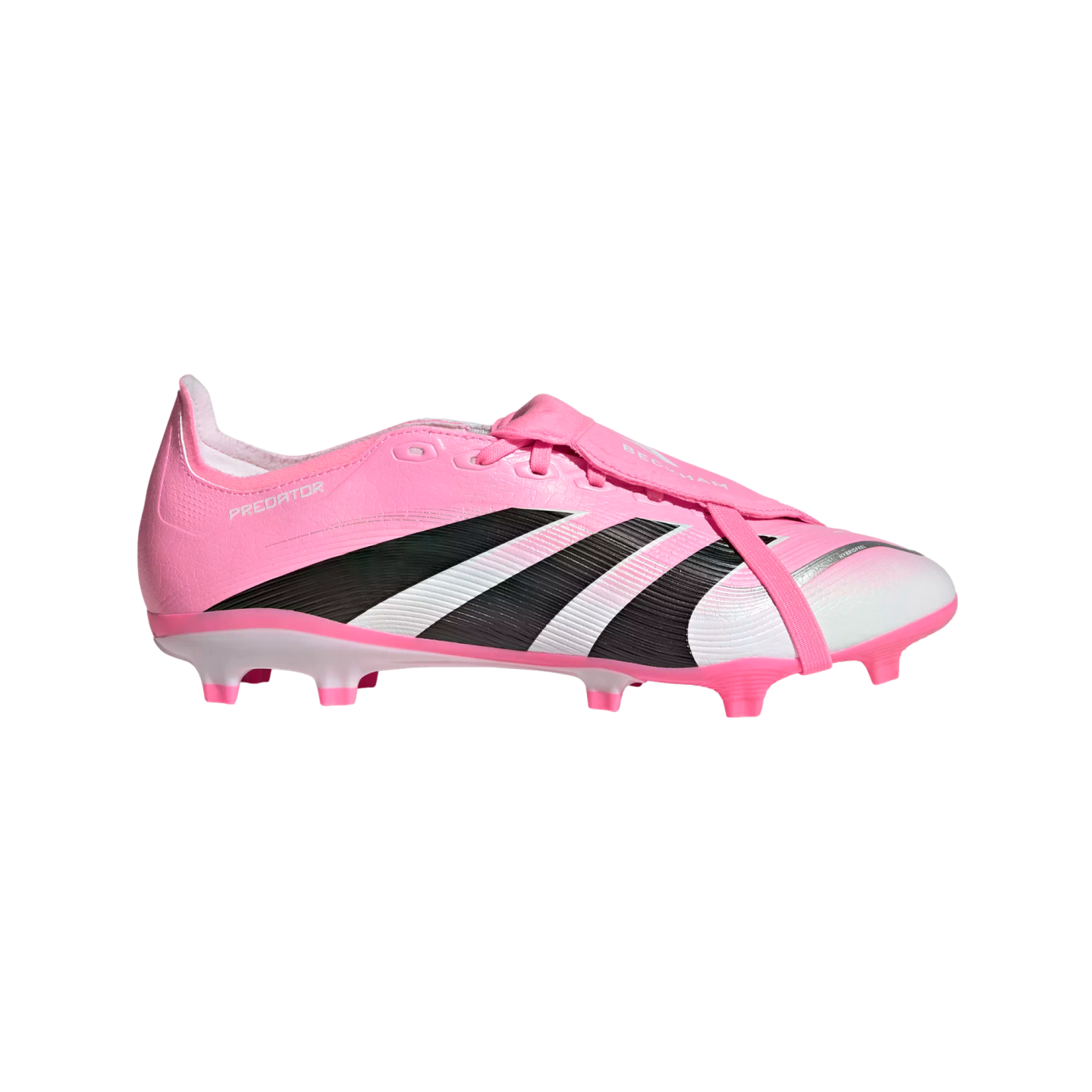 Kids' pink and white Adidas Predator Beckham soccer cleats featuring black stripes and a fold-over tongue.