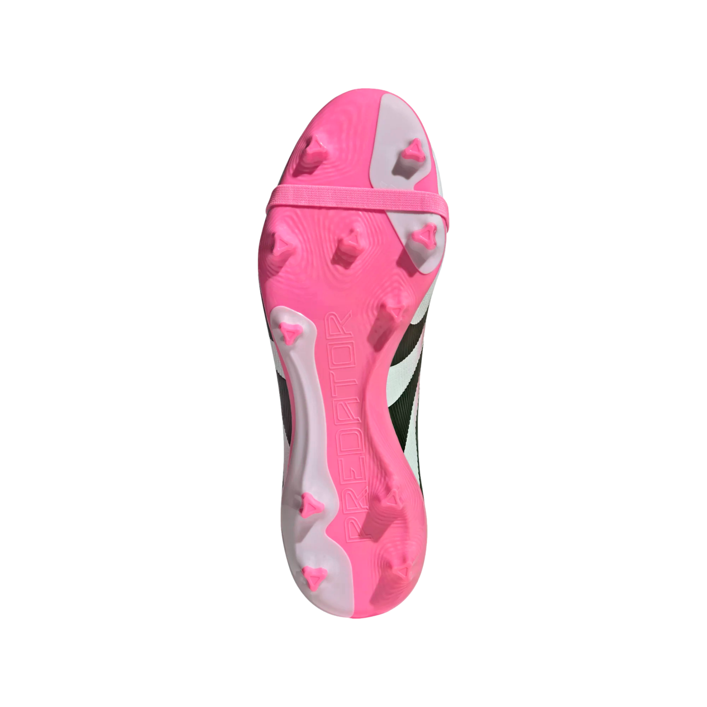 Bottom view of a pink and white Adidas Predator soccer cleat sole with triangular studs and embossed 'PREDATOR' text on a black background.
