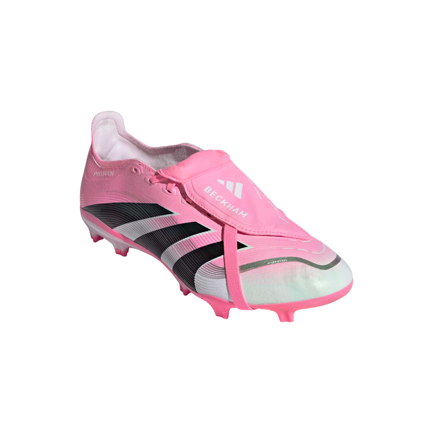 A pink Adidas Predator soccer cleat with "BECKHAM" on the fold-over tongue and black and white stripes, isolated on a black background.