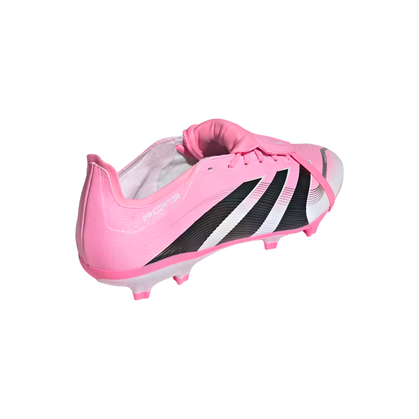 A vibrant pink Adidas Predator soccer cleat with black and white stripes and a fold-over tongue. It is shown from a side-rear angle against a solid black background.