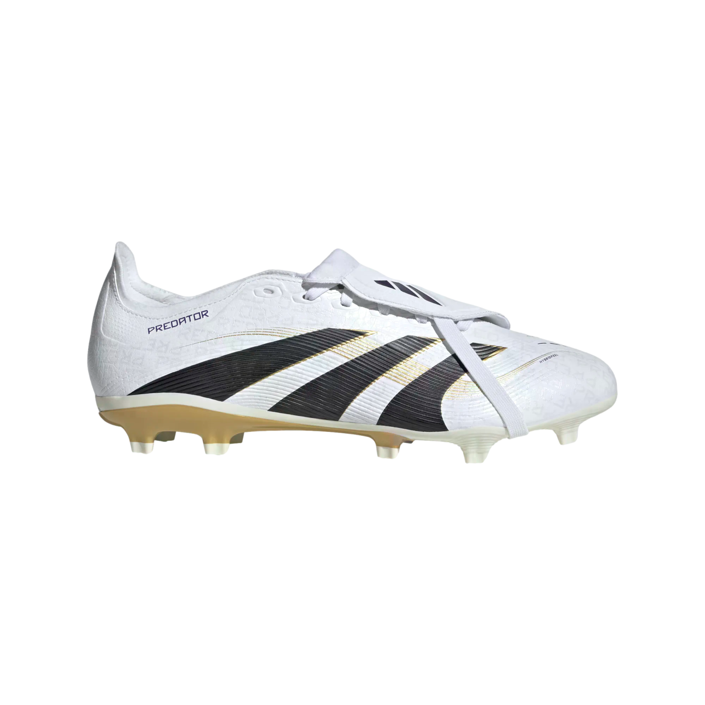 Profile view of a white Adidas Predator soccer cleat featuring black and gold diagonal stripes, a fold-over tongue, and a metallic gold soleplate.