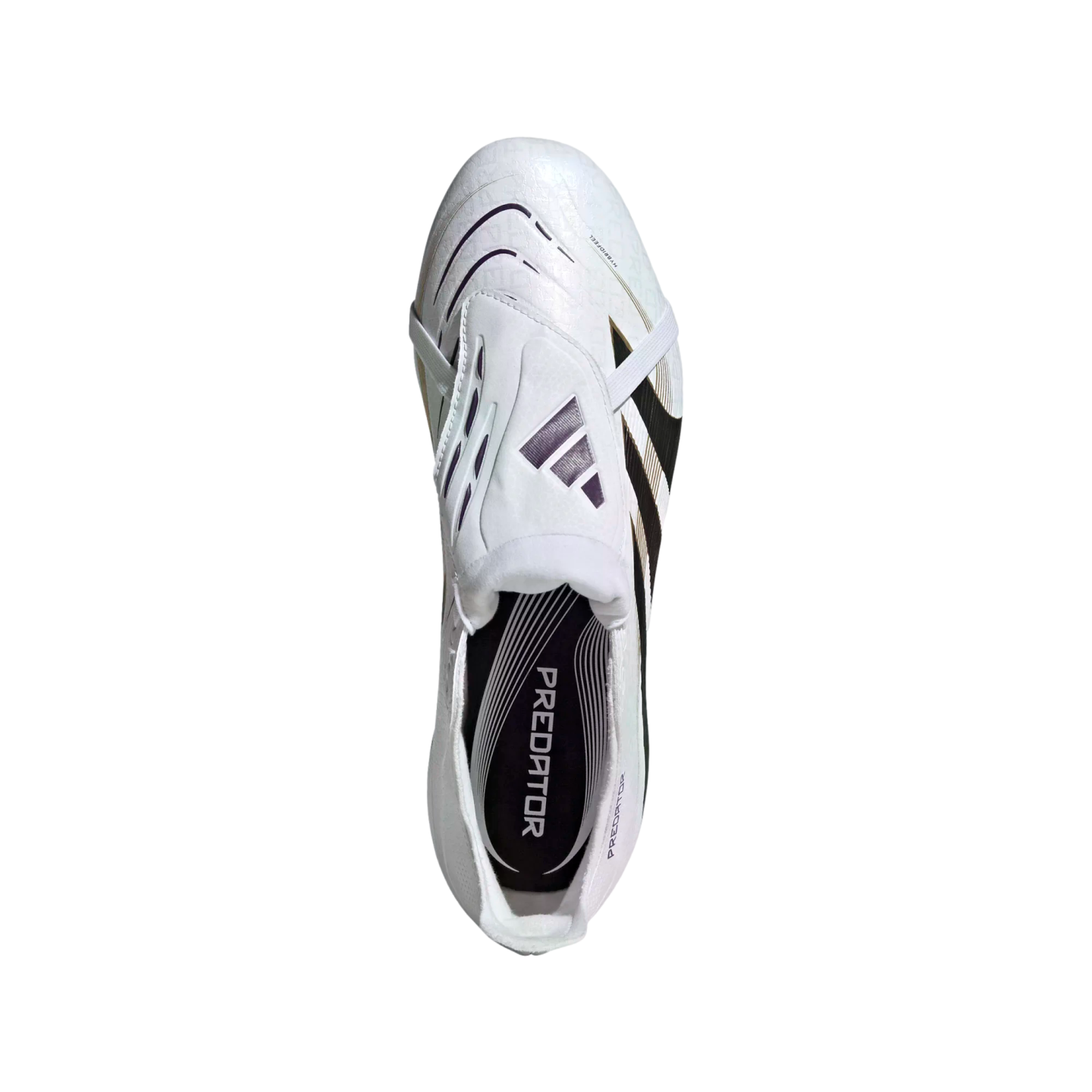 Top-down view of a white Adidas Predator soccer cleat featuring black and purple accents and an elastic strap over the tongue.