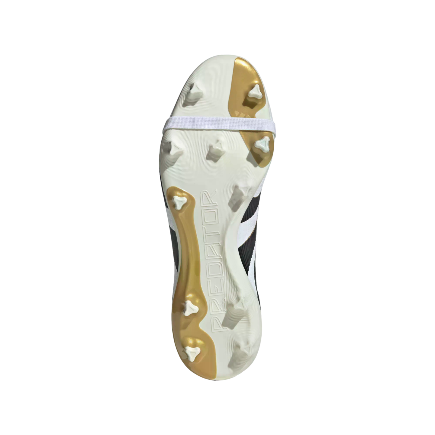 Sole of a white soccer cleat with gold accents, triangular white studs, and "PREDATOR" embossed vertically.