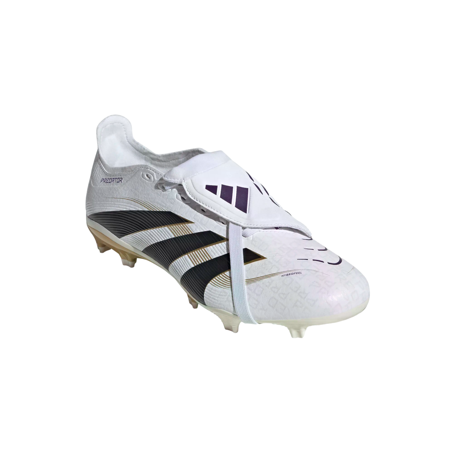 White Adidas Predator soccer boot with a fold-over tongue, black slanted stripes, and gold accents, isolated on a white background.