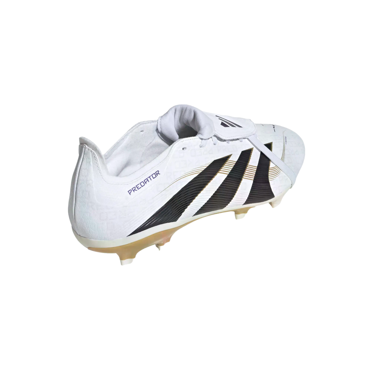 White Adidas Predator soccer cleat featuring three black stripes and gold sole accents, shown from a rear-quarter perspective against a plain white background.