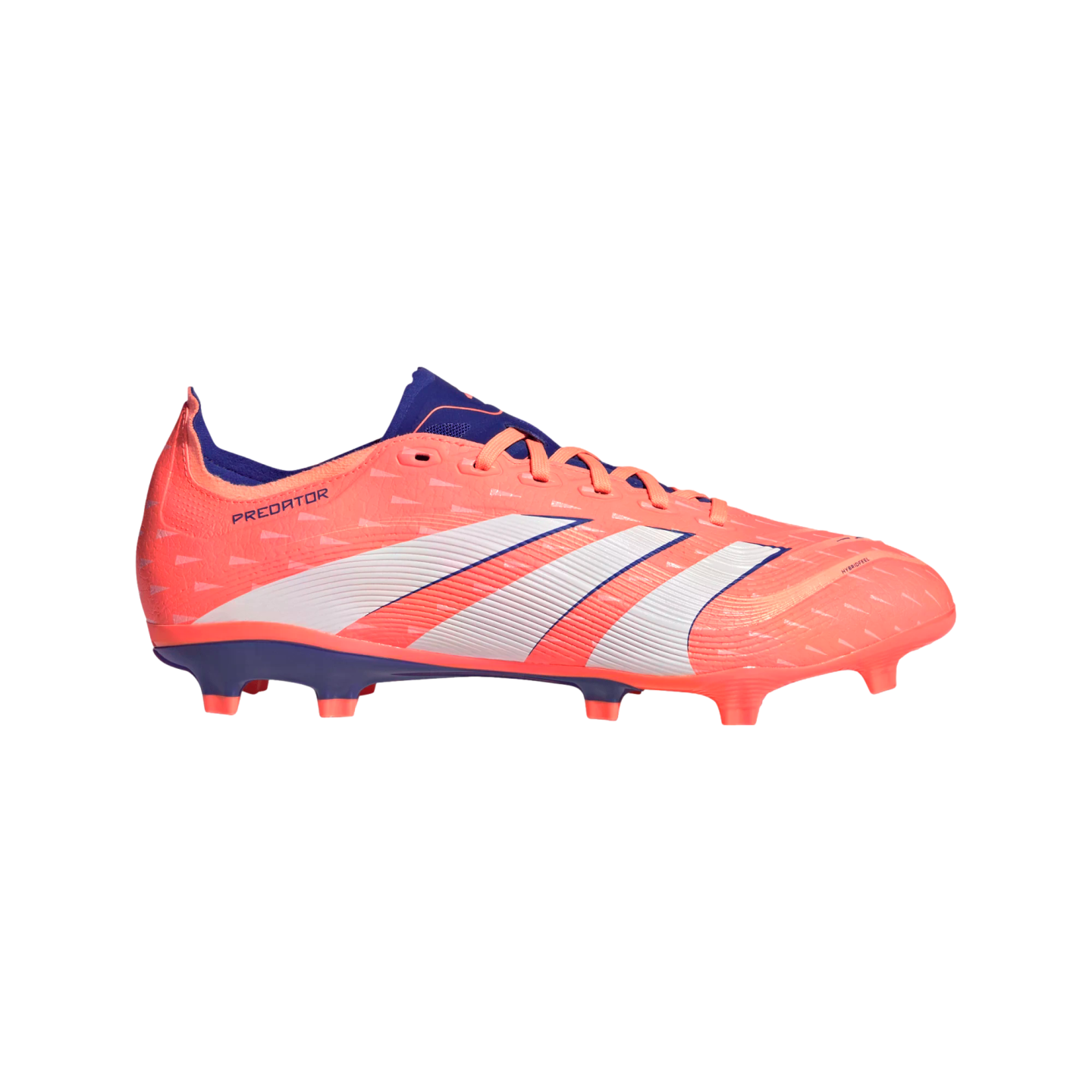 A bright coral Adidas Predator soccer cleat with three white slanted stripes and dark purple accents, viewed from the side against a solid black background.