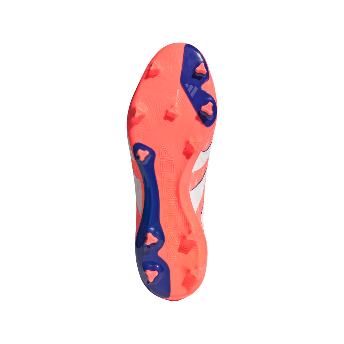 Bottom view of an orange and blue Adidas Predator soccer boot soleplate, showing its triangular stud pattern and embossed branding.