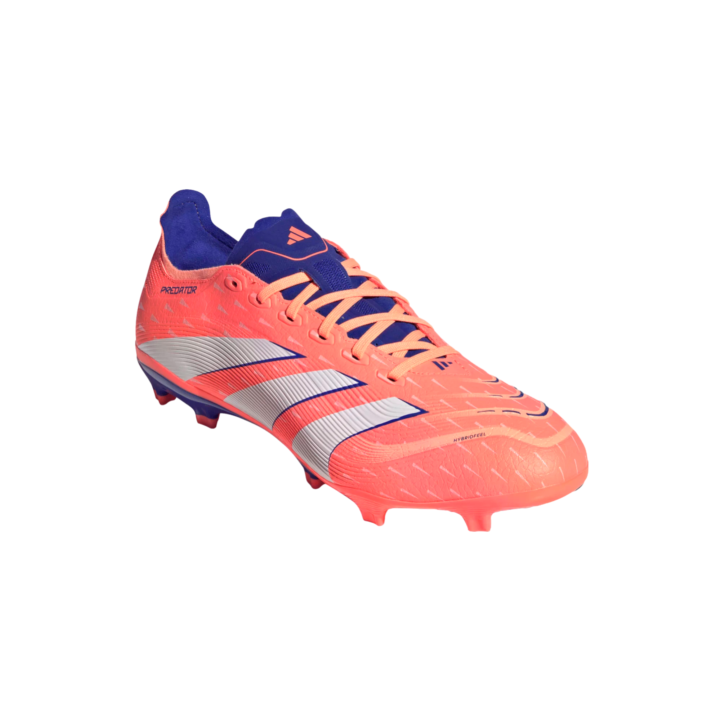 A bright orange and purple Adidas Predator soccer cleat with white stripes, isolated against a black background.