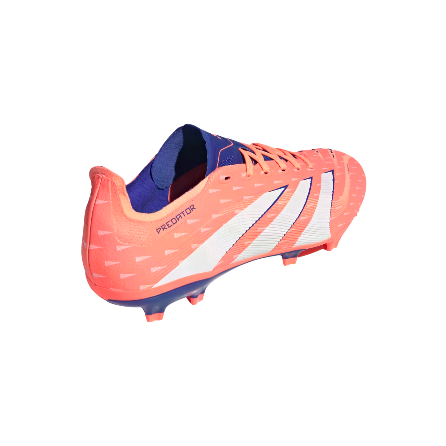 Side view of an orange Adidas Predator soccer cleat with three white stripes and blue trim, showing firm ground studs.