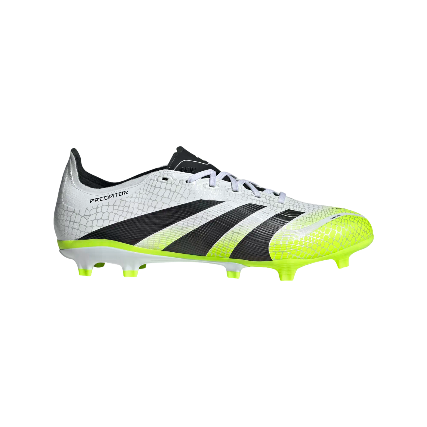 Side profile of a white and neon yellow Adidas Predator soccer cleat with black stripes and a textured upper.