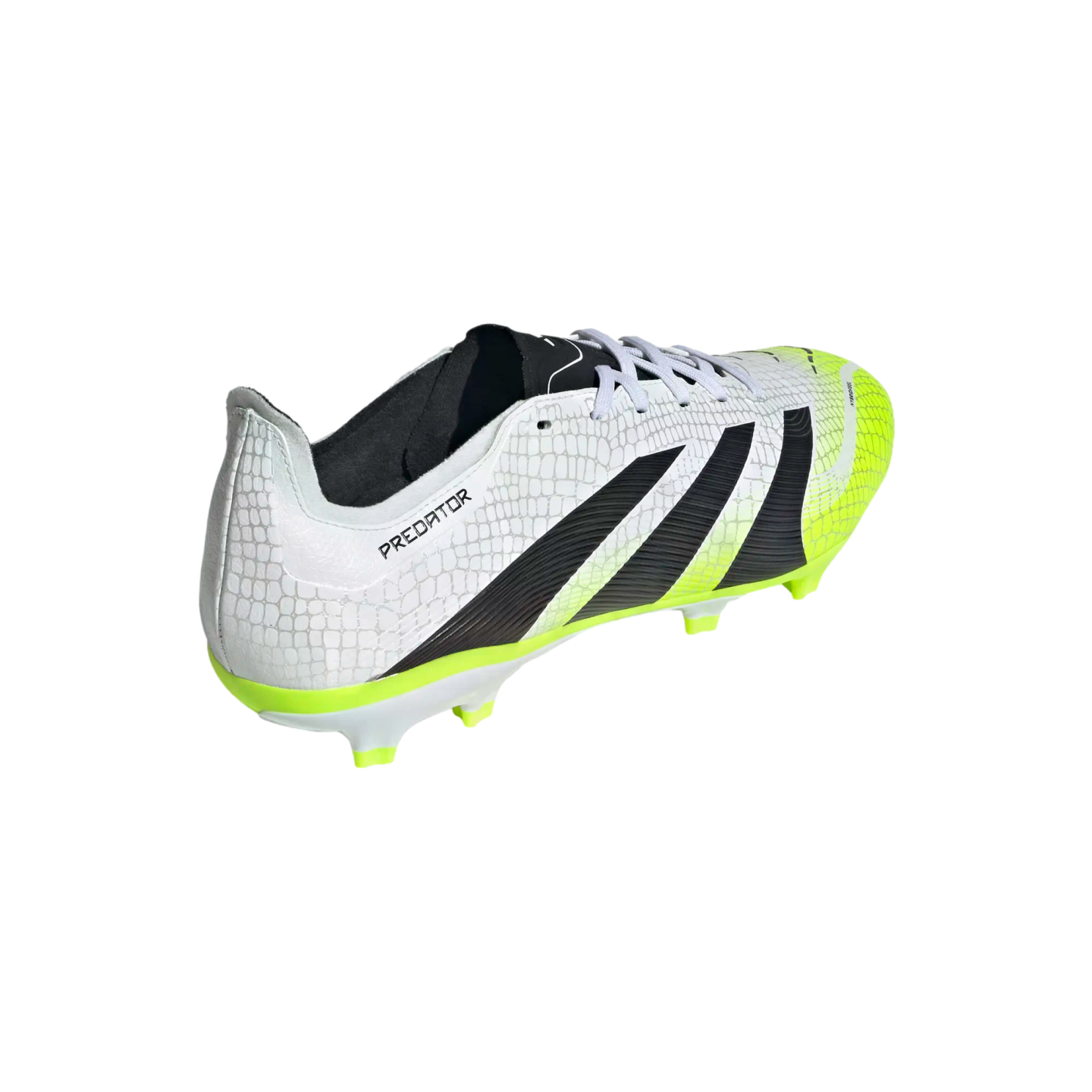 An Adidas Predator soccer cleat featuring a white textured upper, three black stripes, and neon yellow accents on a black background.