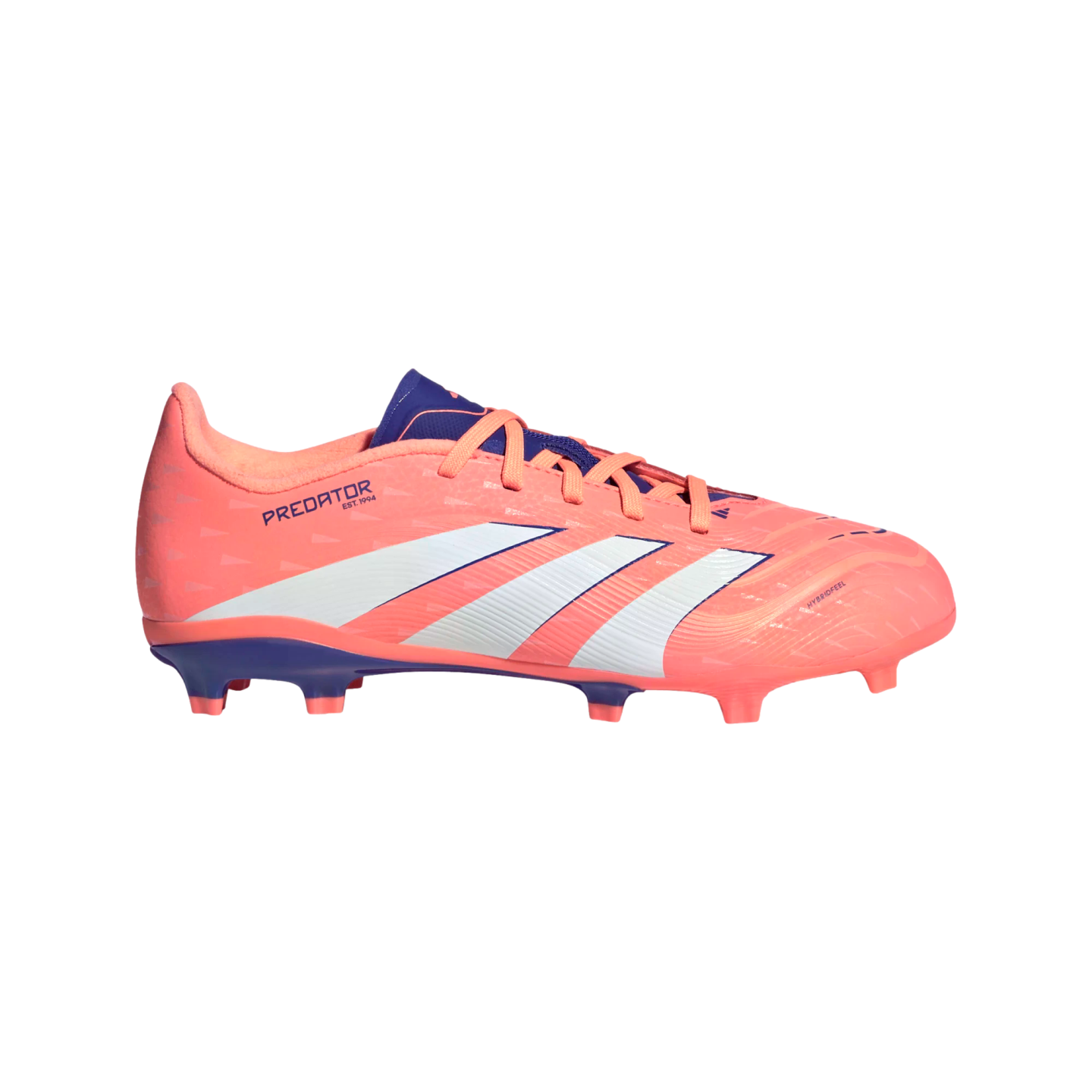 A profile view of a bright pink and purple Adidas Predator soccer cleat with three white stripes, set against a solid black background.