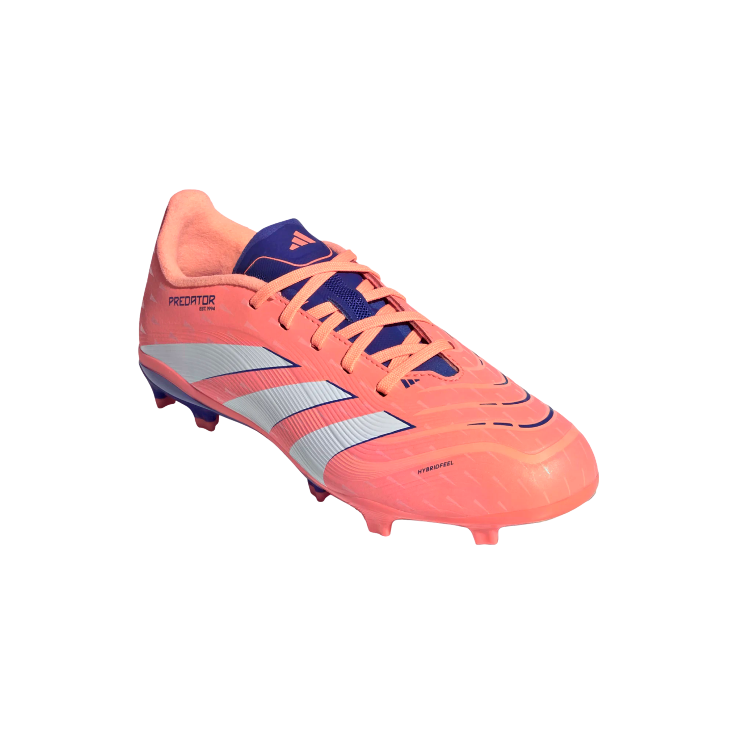 A coral-colored Adidas Predator soccer cleat with white stripes and purple accents, shown from a side angle against a solid black background.