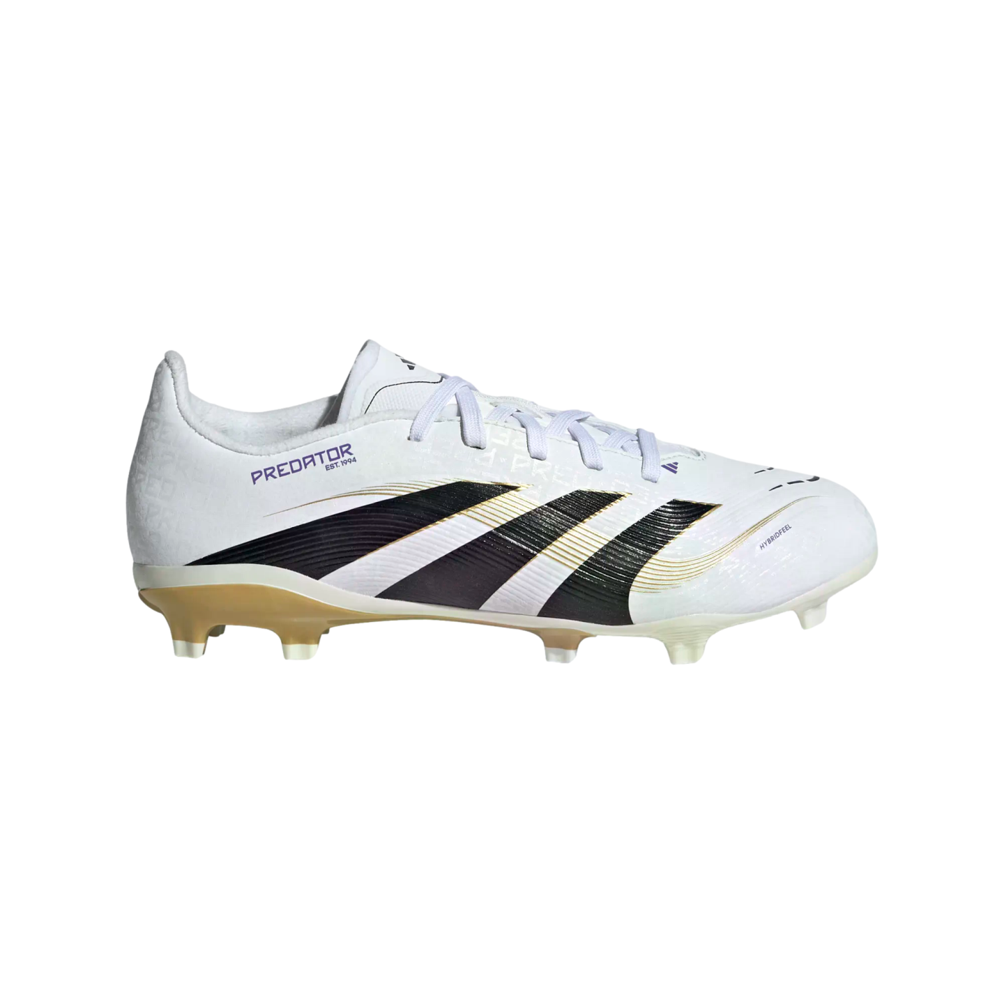 A side view of a white Adidas Predator soccer cleat with black and gold diagonal stripes, featuring a gold soleplate and white studs.