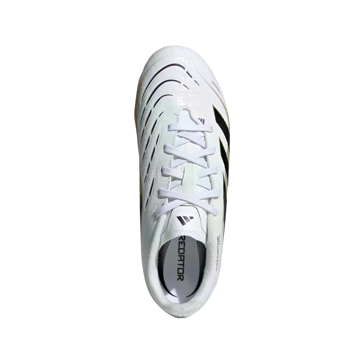Top-down view of a white Adidas Predator soccer cleat with black and gold details on a plain white background.