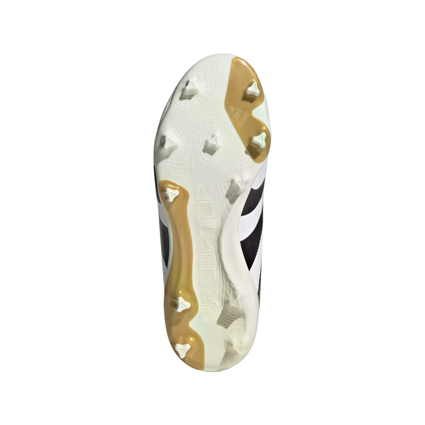 Underside view of a white and gold Adidas Predator soccer cleat, showing its triangular stud pattern and central branding.