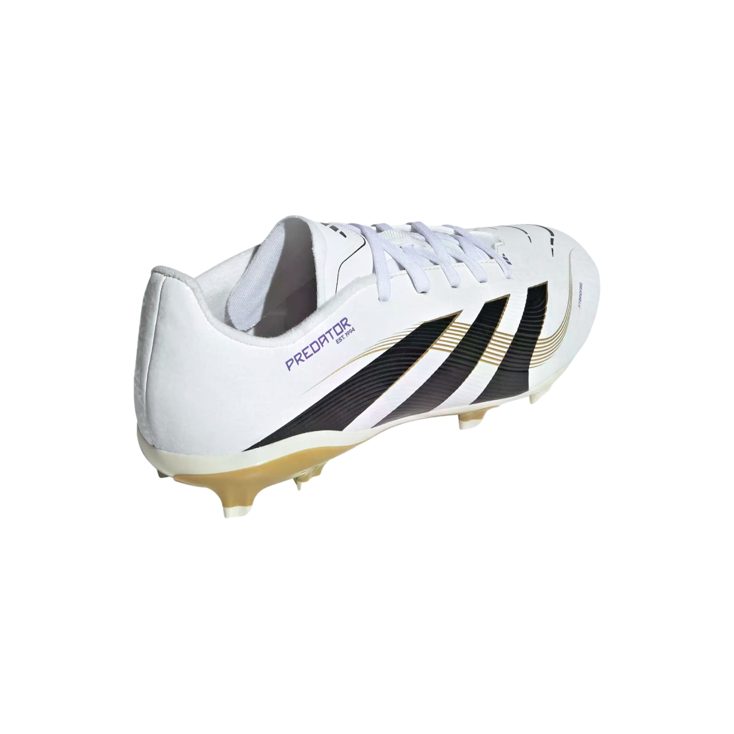 White Adidas Predator soccer cleat with black stripes and gold accents, shown from a rear-quarter angle on a white background.