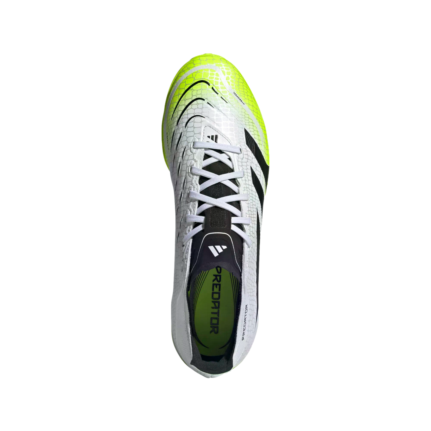 Top-down view of a white and lime green Adidas Predator soccer cleat with black accents and white laces, set against a solid black background.
