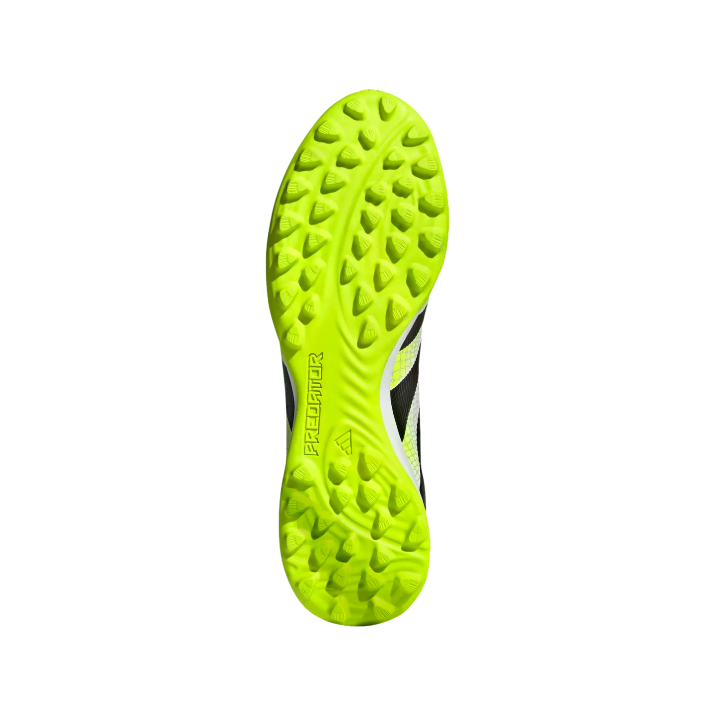 Bottom view of a neon yellow Adidas Predator soccer shoe with small traction studs and brand logos, centered on a black background.
