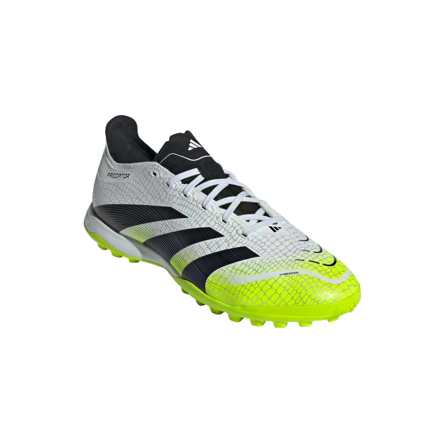 Adidas Predator turf soccer shoe in white, black, and neon yellow, featuring a textured upper and three black stripes.