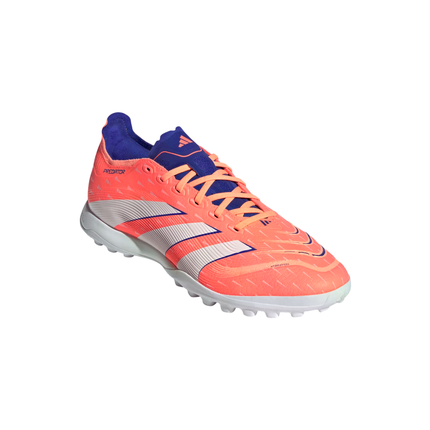 Bright orange and purple Adidas Predator turf soccer shoe with white stripes, shown from a side angle against a black background.