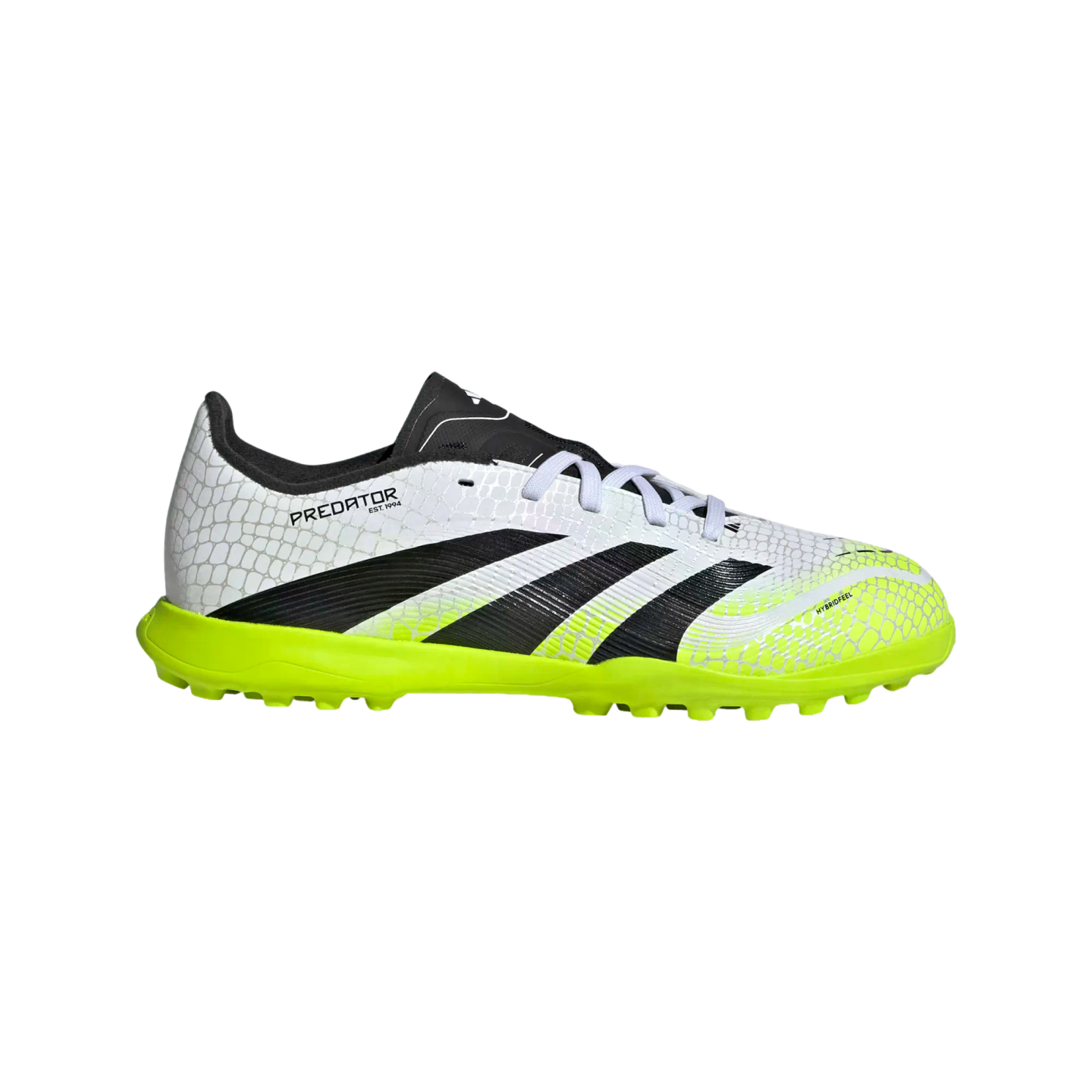 Side view of an Adidas Predator turf soccer shoe with a white scaly upper, black stripes, and a vibrant lime green sole on a black background.
