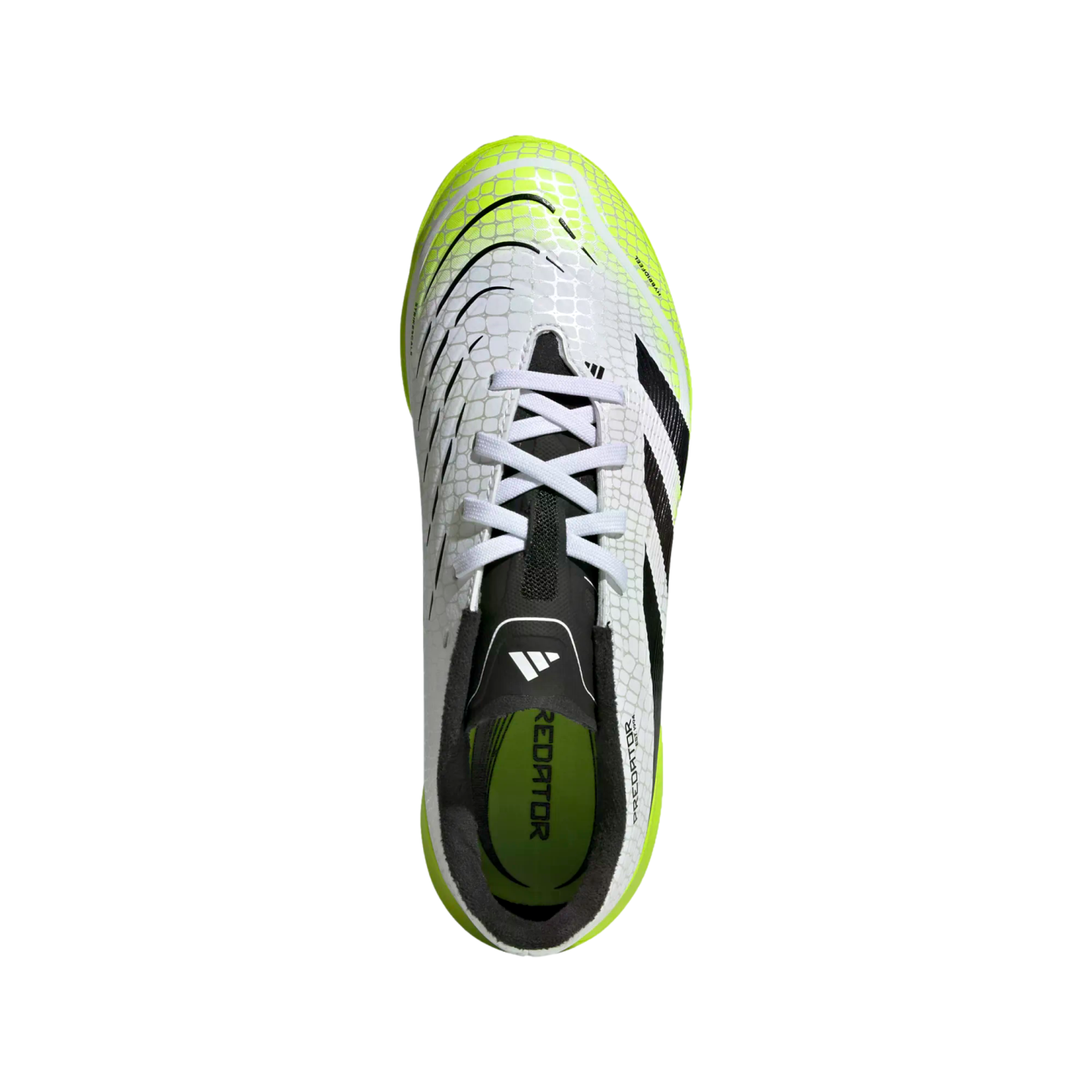Top-down view of a white, black, and neon yellow Adidas Predator soccer cleat with a scale-textured upper and white laces, isolated on a black background.