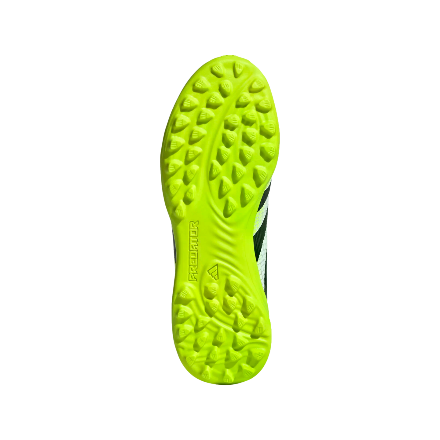 Neon green Adidas Predator turf soccer shoe outsole with rubber studs, shown against a black background.