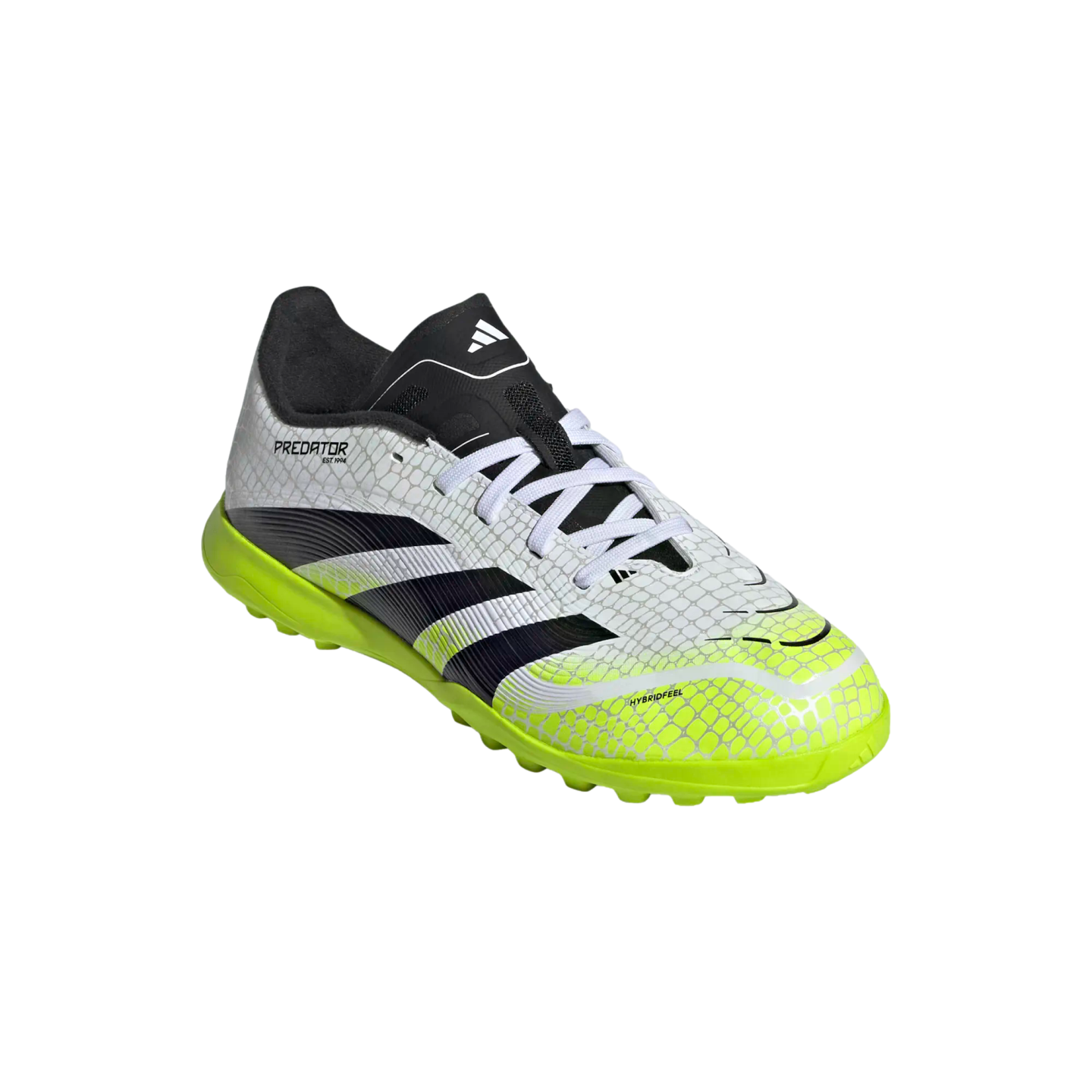 White Adidas Predator turf soccer shoe with a scale-like pattern, black stripes, and a bright neon yellow sole, shown against a solid black background.