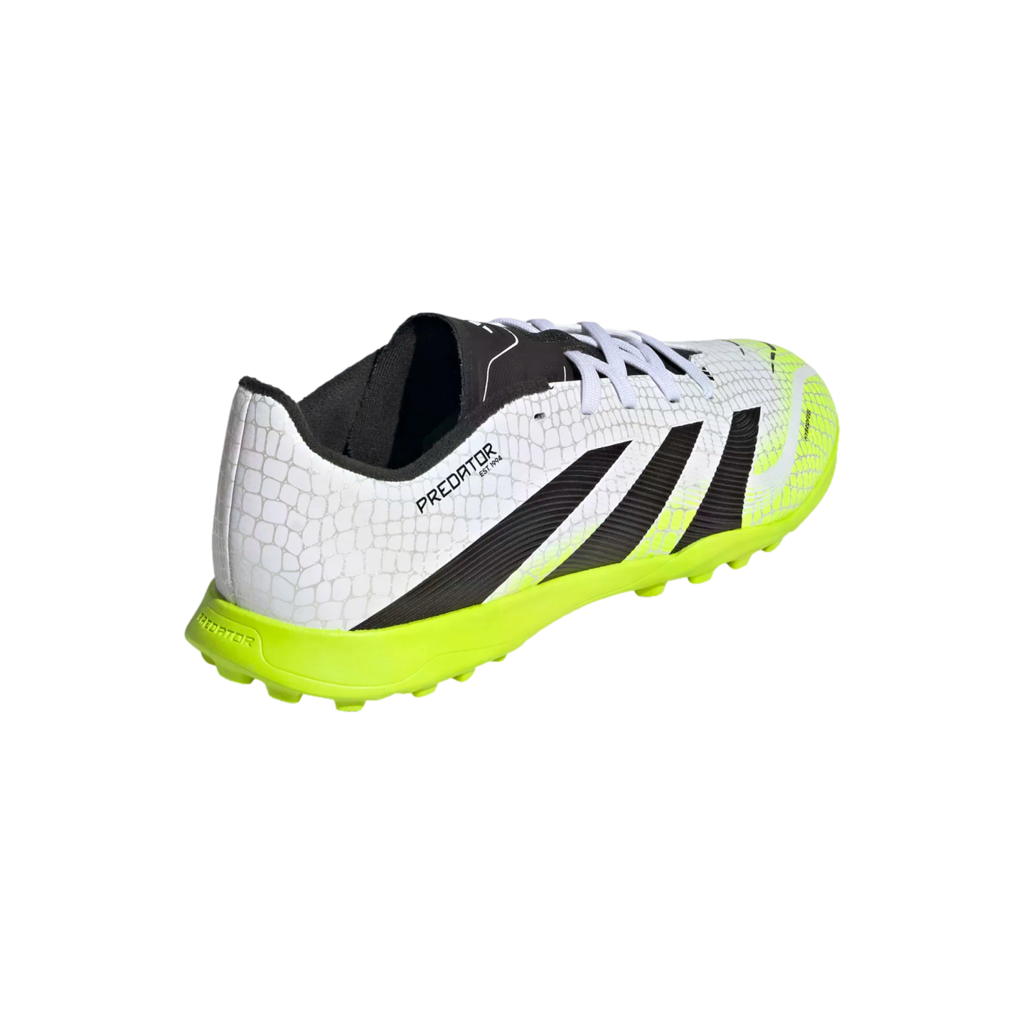 An Adidas Predator turf shoe with a white scaly upper, black stripes, and a vibrant neon yellow sole, shown from a rear-side view against a black background.