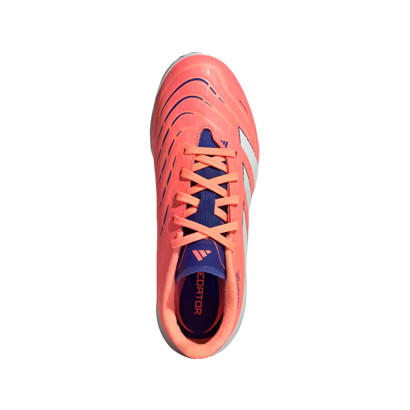 Top-down view of a bright coral Adidas Predator soccer cleat with navy blue and white accents on a solid black background.