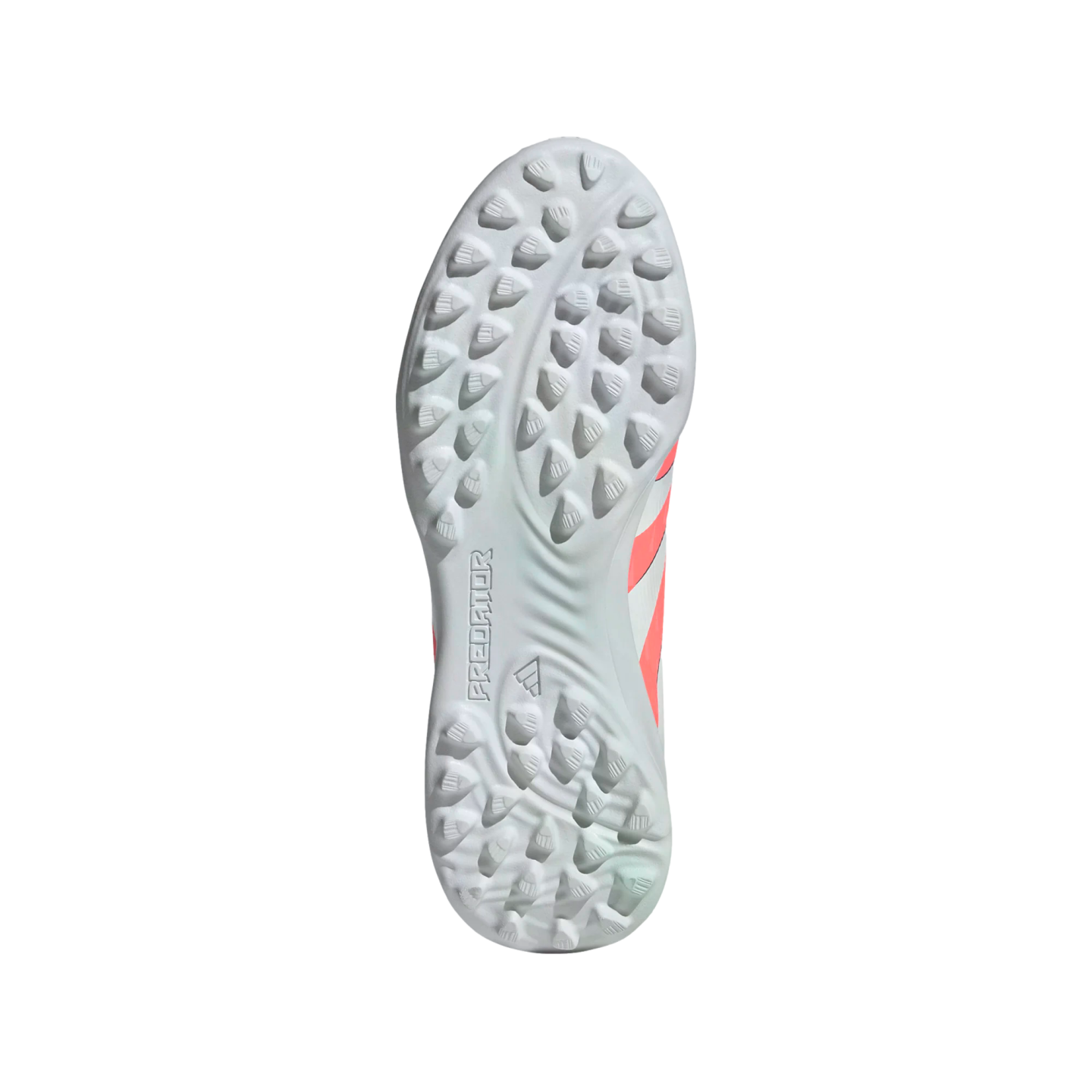 The sole of a white Adidas Predator turf shoe, featuring numerous small studs and embossed branding.