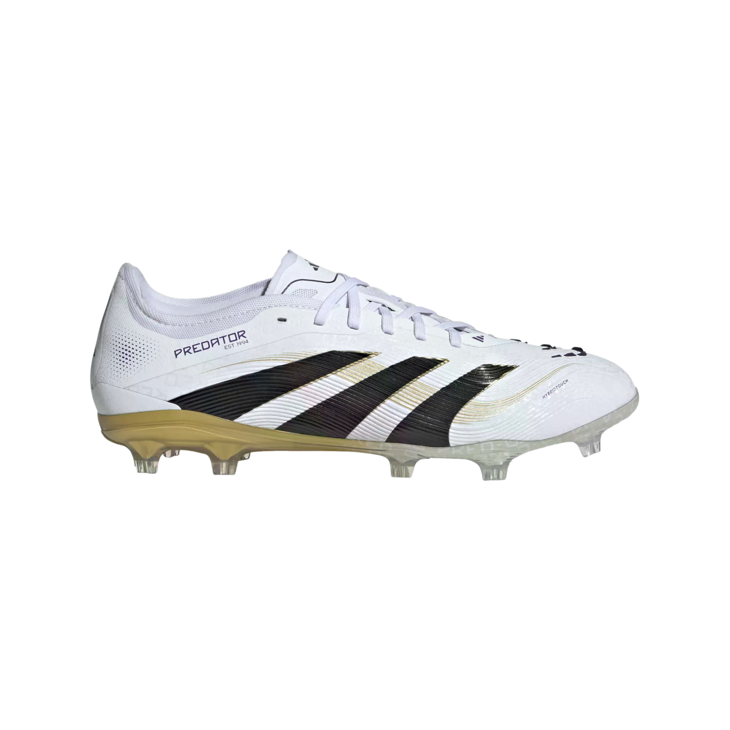 Side profile of a white Adidas Predator soccer cleat with black stripes and a gold soleplate.