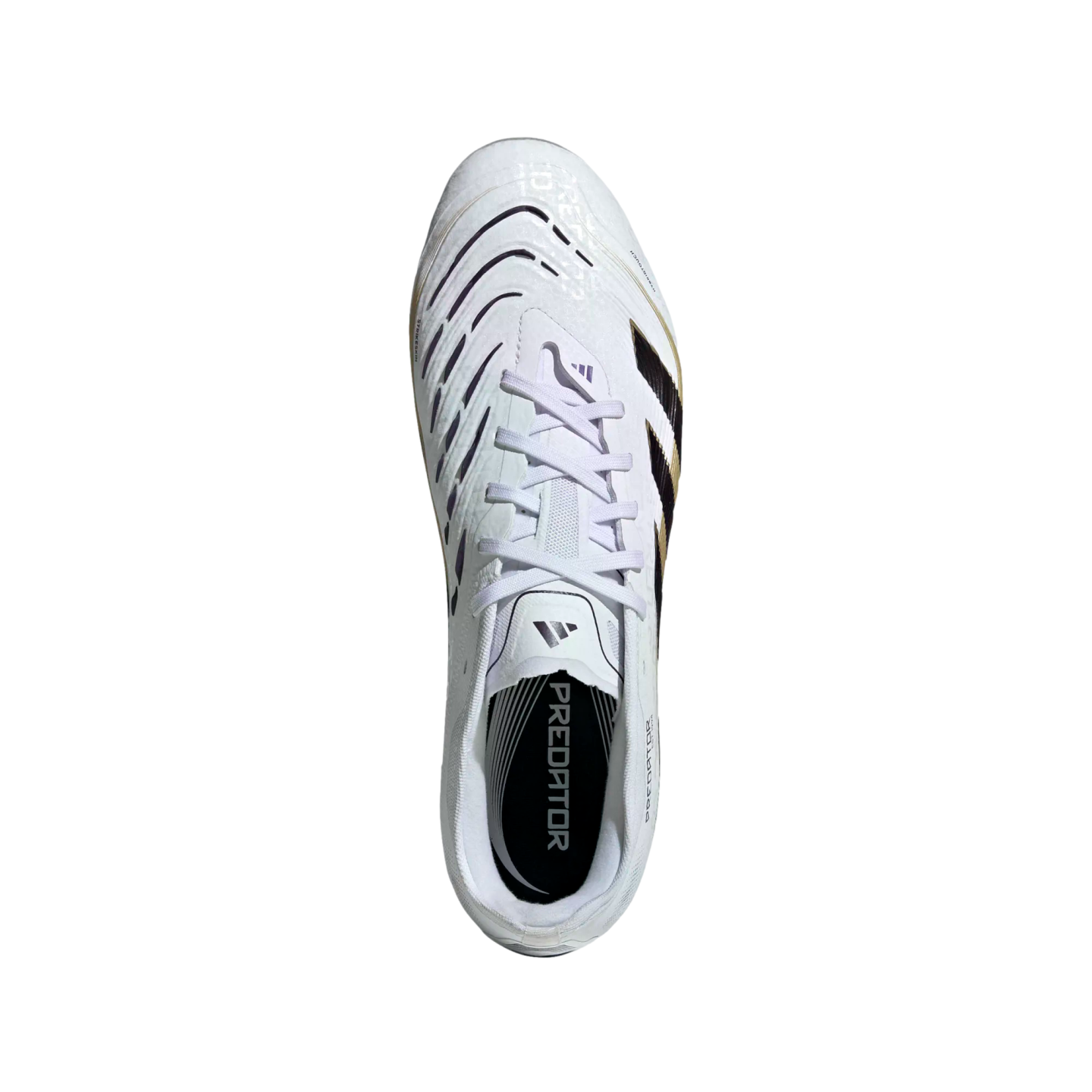 Top-down view of a white Adidas Predator soccer cleat with black textured details and white laces on a white background.