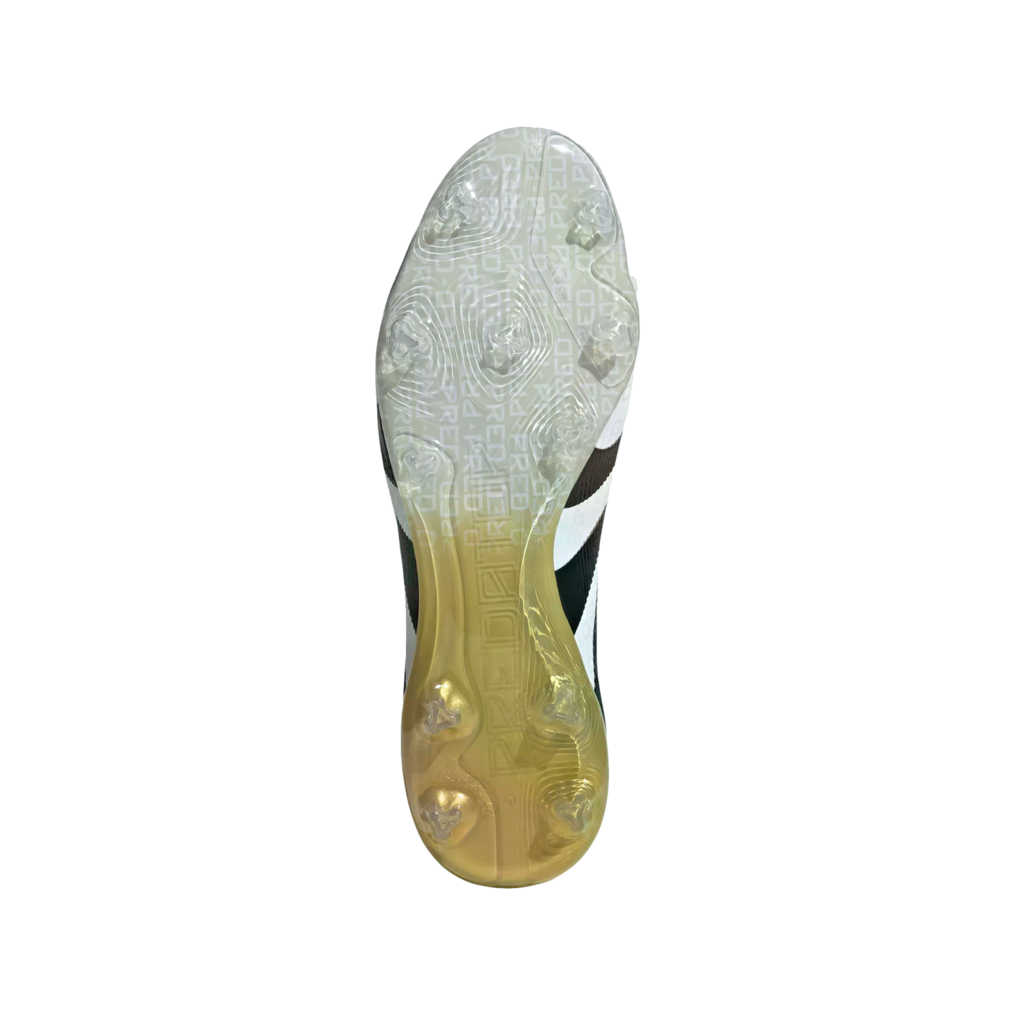 Underside view of a soccer cleat featuring a white to gold gradient soleplate with translucent studs and embossed branding.