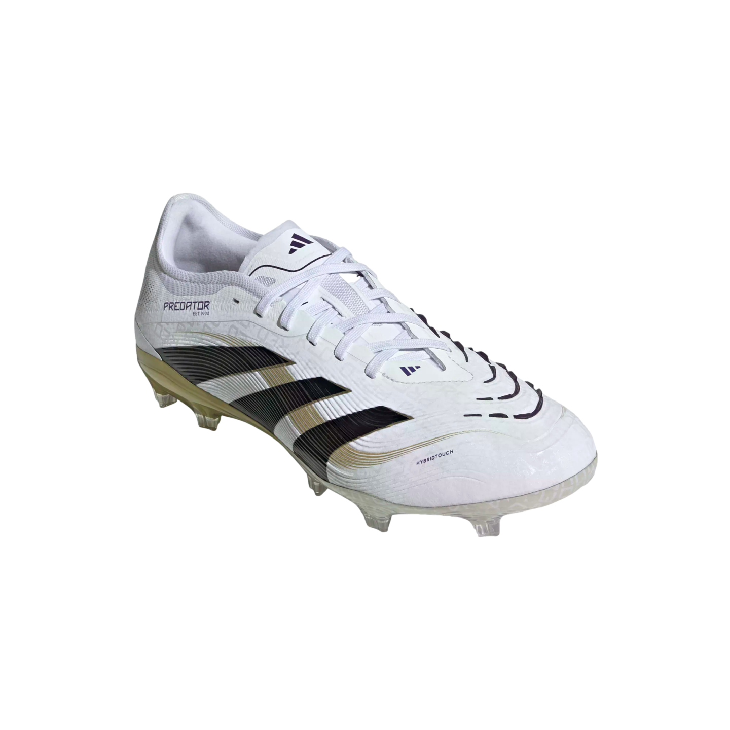 White Adidas Predator soccer cleat featuring black and gold stripes and purple accents. The shoe has a textured upper, white laces, and clear studs.