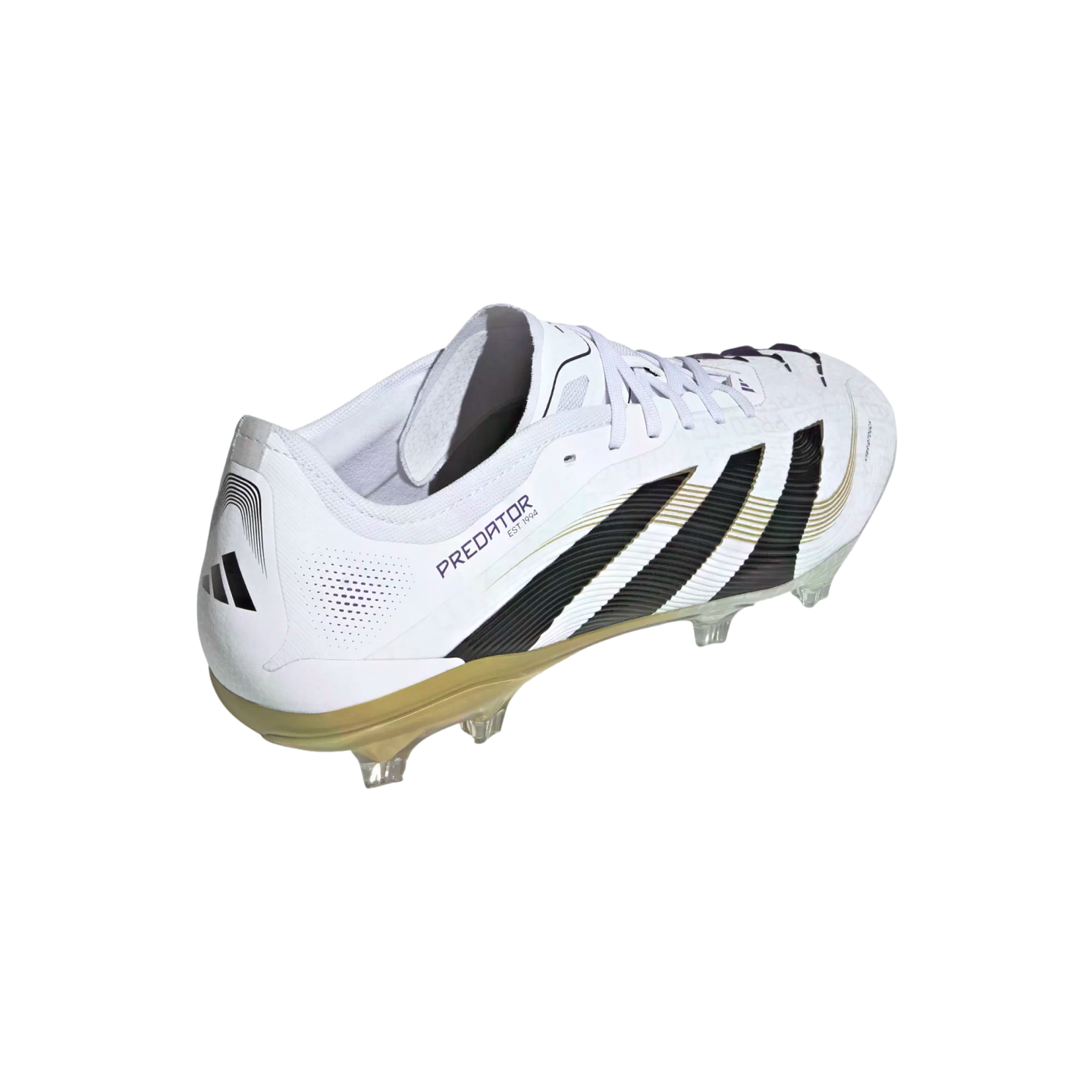 A white Adidas Predator soccer cleat with black stripes and gold accents. Rear-side view shows the heel logo, "PREDATOR" text, and clear studs on a gold-tinted soleplate.