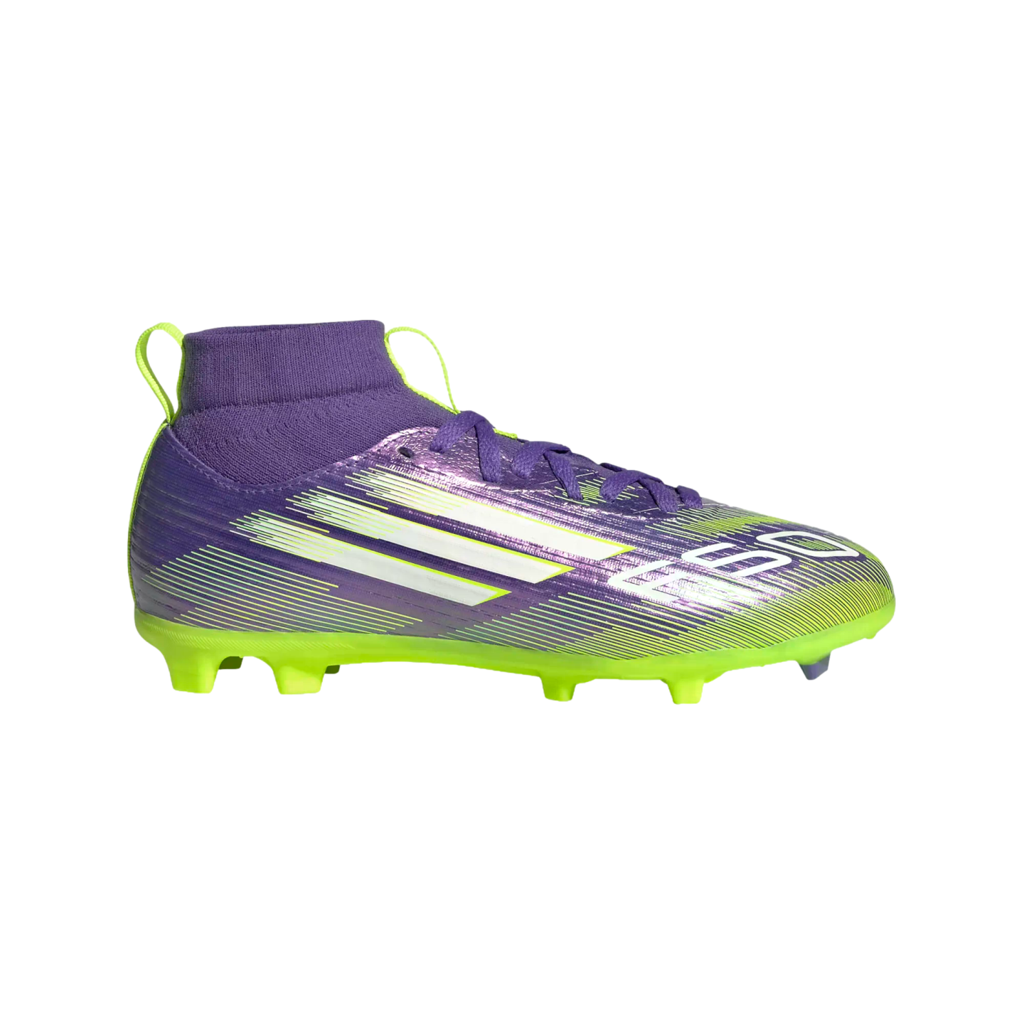 Purple and lime green soccer cleat with a high-top collar, three white stripes, and "F50" text, shown from a side profile against a black background.