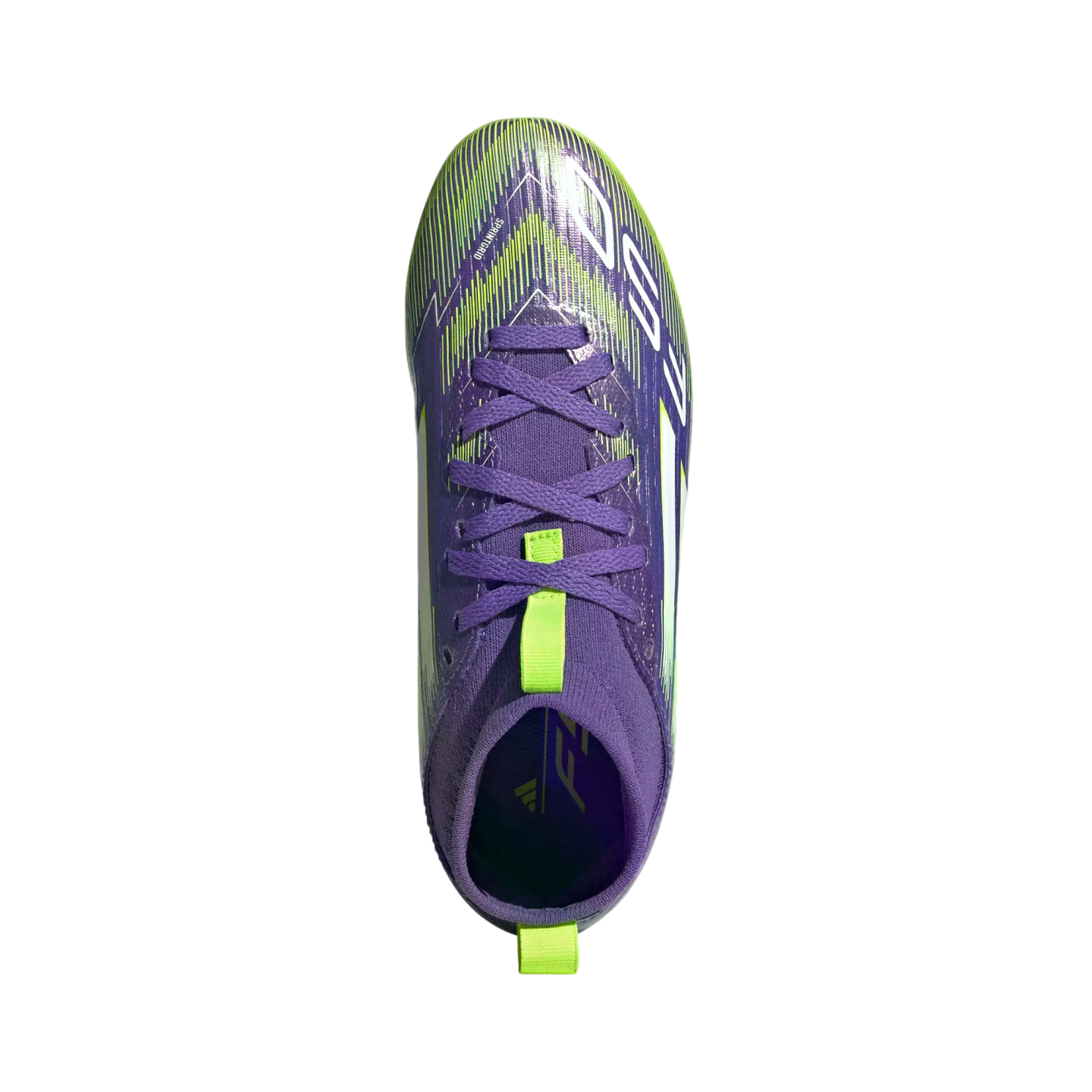 Top-down view of a purple and neon green Adidas soccer cleat with matching laces and pull tabs against a black background.