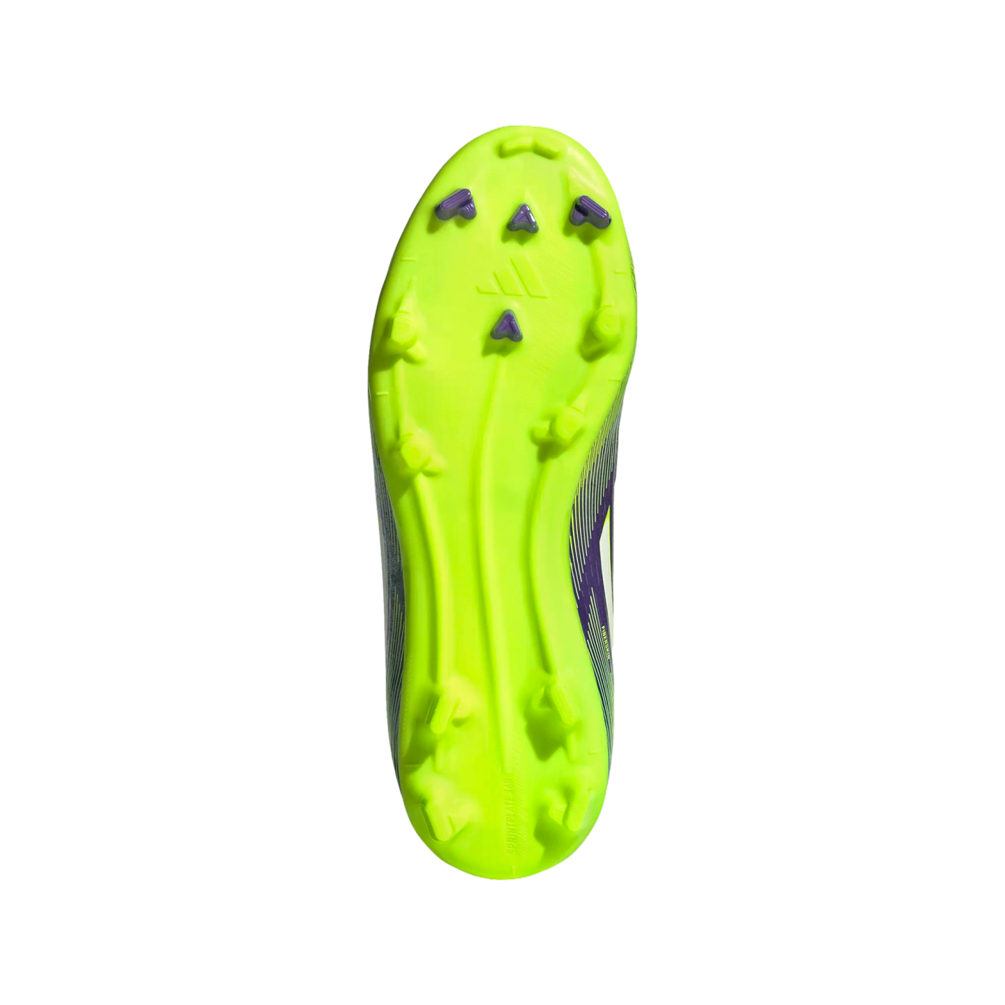 Sole of a neon lime green Adidas soccer cleat with purple triangular studs, shown against a black background. "SPRINTPLATE 360" is embossed near the heel.